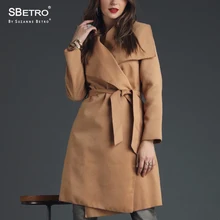 SBetro By Suzanne Betro Camel Women Coats Shawl Collar Tie Waist Long Sleeve Unlined Knee Length Winter Ladies Coat Overcoats