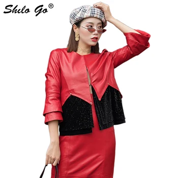 

Eleangt Leather Jacket Women Fashion Flare Sleeve Lurex Spliced Sheepskin Genuine Leather Coat Concise Female Cardigan Outwear