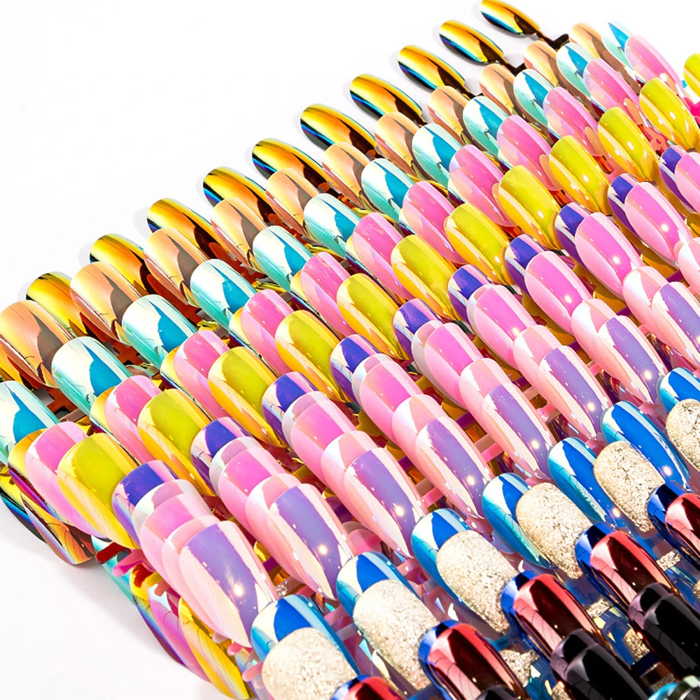 

1Set Mirror False Nails Holographic Laser Nail Chip Nail Extensions Artificial Fake Sticker Nail Tip Patch Art Tools Accessories