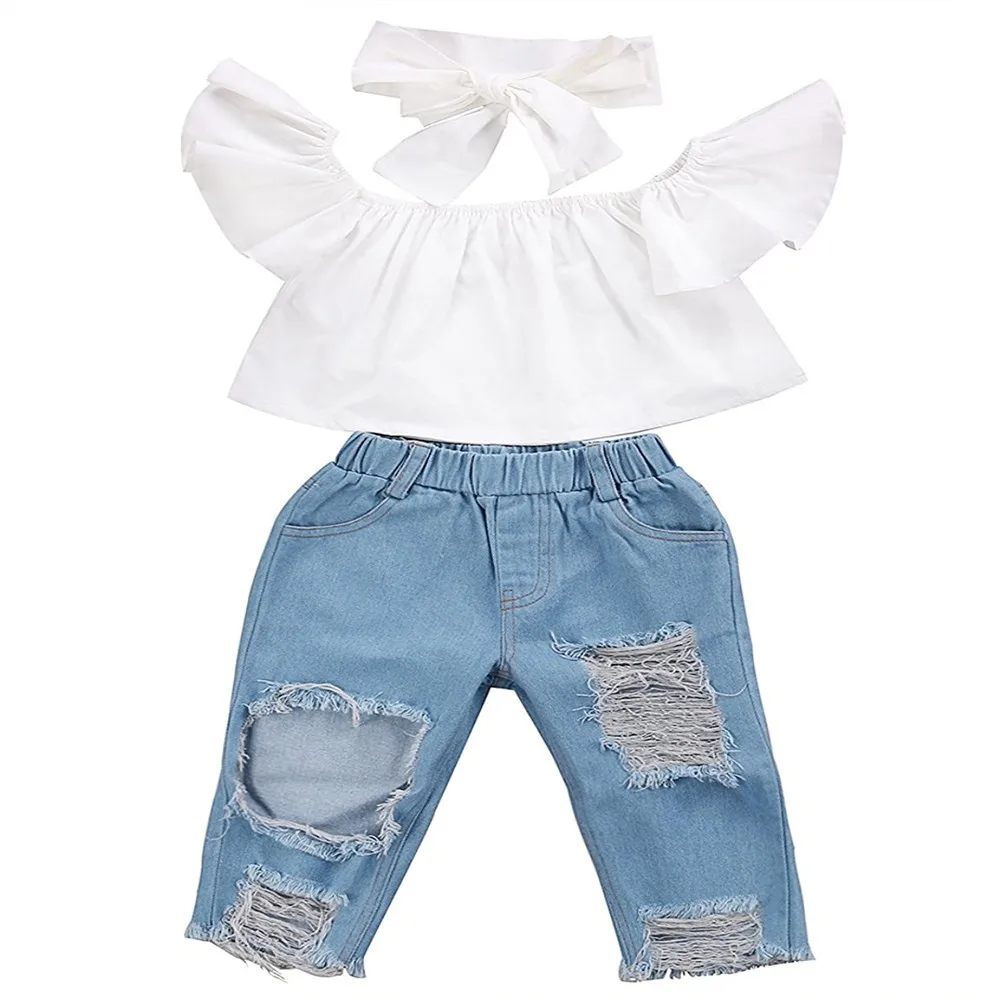 

GRNSHTS Toddler Baby Girls Clothes Set Kid Summer Off Shoulder Tops + Denim Pants Jeans + Headband 3PCS Outfits
