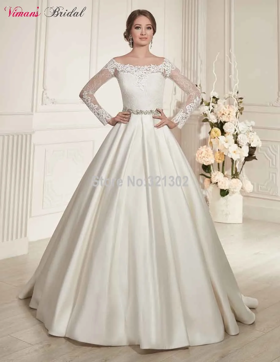 Satin Lace Boat Neck Floor Length Full Sleeves Sheer Back Wedding Satin Lace Boat Neck Floor Length Full Sleeves Sheer Back Wedding Gown 2017 Hot Vestido De Noiva China Free Shipping Na457 In Dresses From