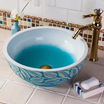 

Home & Hotel Decor Artistic leaf design Wash Basin Ceramic Round Coutertop Bathroom Sink china wash basin