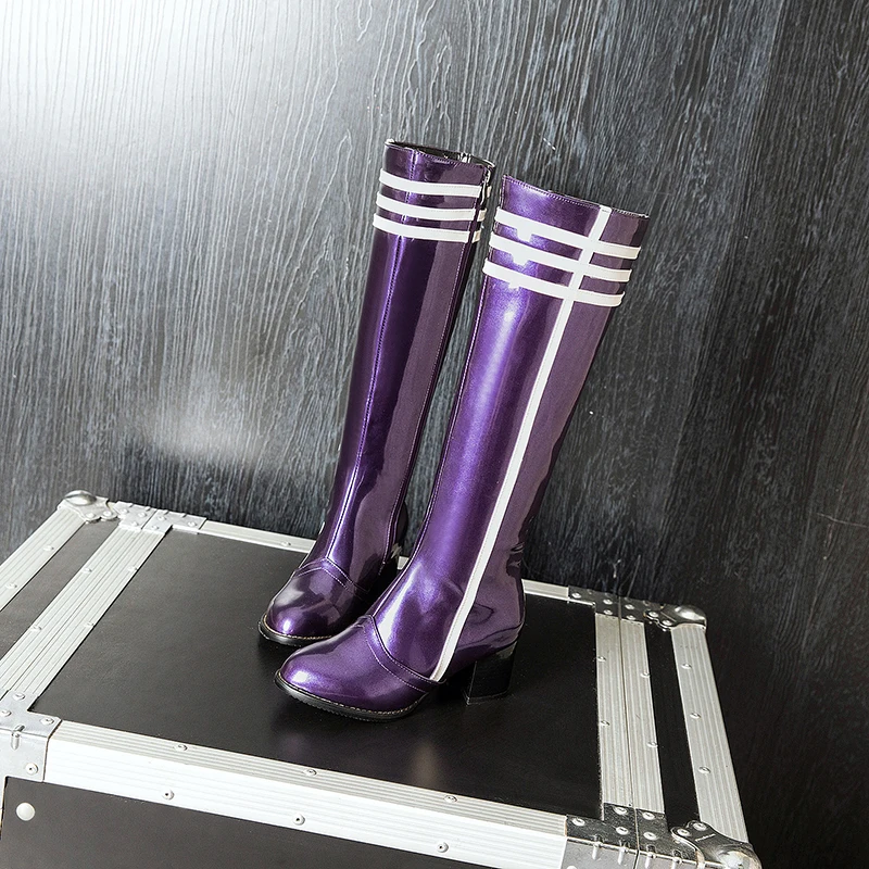 JK/женские сапоги до колена на высоком каблуке размера плюс 34-48, обувь из искусственной кожи с круглым носком, новые модные женские сапоги на молнии, женская обувь фиолетового цвета