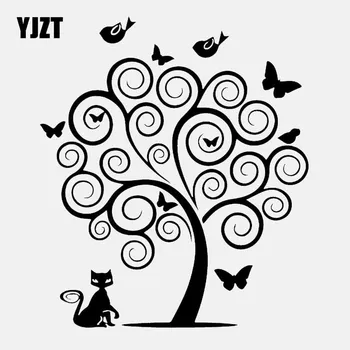 

YJZT 14.5CM*16.7CM Huge Swirly Tree With Butterflies And Birds Vinyl Decal Car Stickers Decoration Black/Silver C24-0363