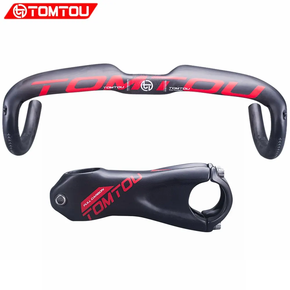 

TOMTOU Full UD Carbon Cycling Road Handlebar Set Matte Red Road Bike Bent Bar + Stem High Quality - TC4T56