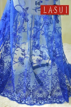 

Royal blue luxurious Sequins Car bone Clothing fabric Sexy Plant flowers European style flash Net embroidery DIY