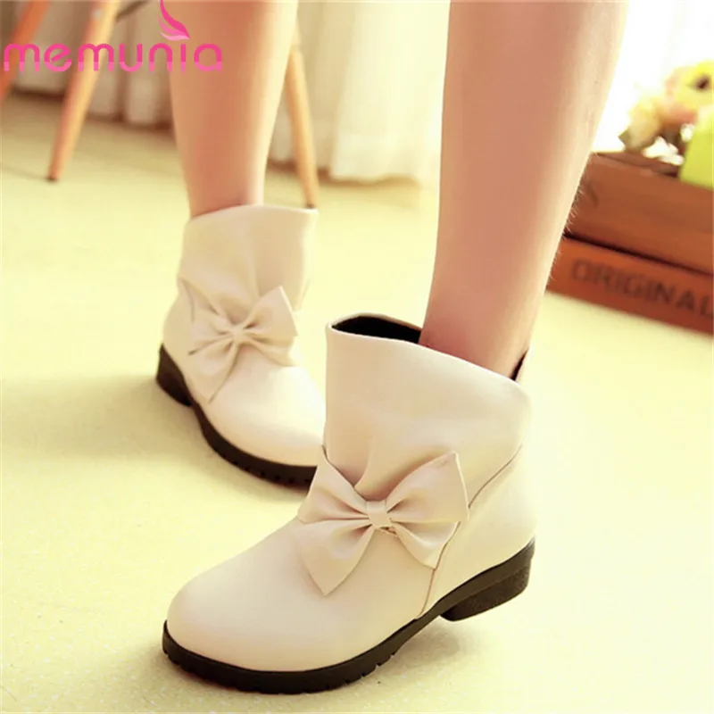 

MEMUNIA 2019 big size 48 women ankle boots pu round toe autumn winter boots bowknot fashion casual square heels shoes woman