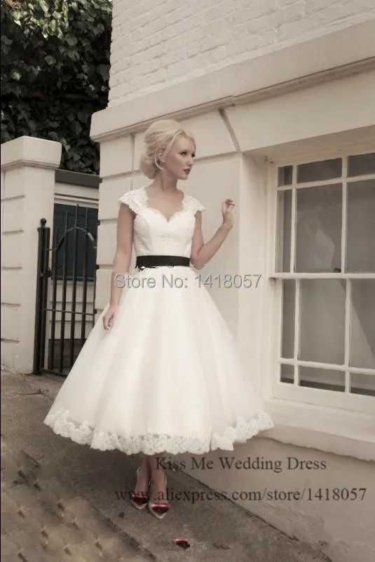 2017 Vintage Short Wedding Dress Tea Length Lace Bridal Gowns White 2017 Vintage Short Wedding Dress Tea Length Lace Bridal Gowns White Black Sash Bow Cap Sleeve Open Back H754 In Dresses From Weddings Events On