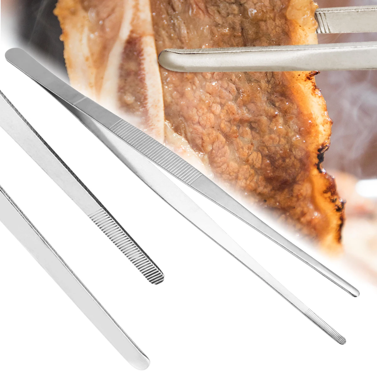 1Pcs 30cm Long Meat Clip Stainless Steel Food Tongs Straight Tweezers Kitchen Tool BBQ Forceps BBQ Silvery