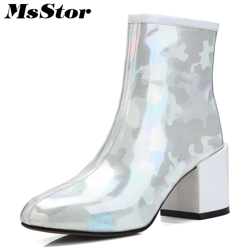 

Msstor Women Boots 2018 New Arrive Square Heel Ankle Boots For Woman Round Toe Zipper Boots Mixed Colors Ankle Boots For Girl