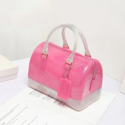 JELLYOOY, средний размер, 22 см, разные цвета, ПВХ, Женская Желейная сумка, подушка, сумка на плечо, карамельный цвет, силиконовая сумка-тоут, пляжная сумка-мессенджер - Цвет: glitter  pink silver