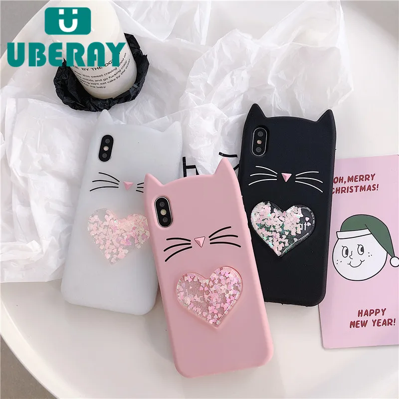 

UBERAY 3D Silicon Case For iPhone 7 7plus 8 8plus Fashion Shining Quicksand Cute Cat Cartton Case For iphone 6 6s plus iphone X