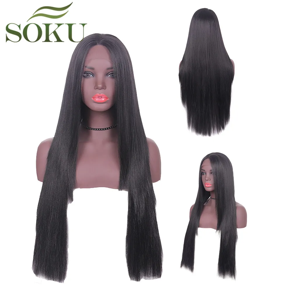 SOKU Straight Synthetic Lace Front Wigs 30 Inch Long Free Part Lace Wigs High temperature fiber Trendy Hair Wig For Black Women