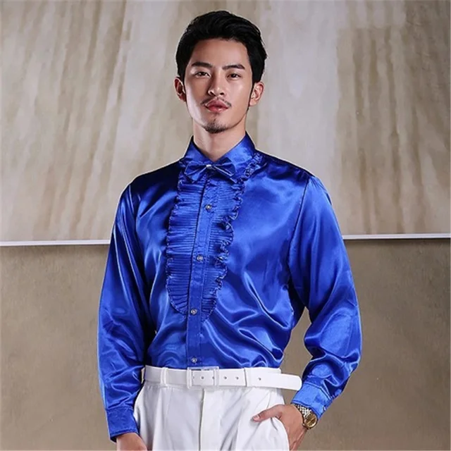 Royal Blue Men Shirt Fold Slim Fit Long Sleeve Men's Social Shirts