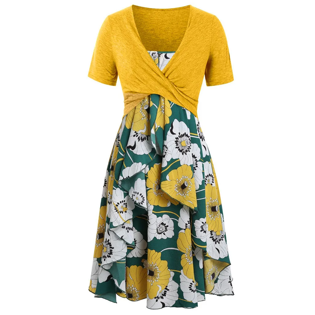 Yellow TELOTUNY, женское платье, полиэстер,, модное женское платье с коротким рукавом, бандаж, однотонный топ+ платье с цветочным принтом, костюмы 19APRI12 - Цвет: Yellow