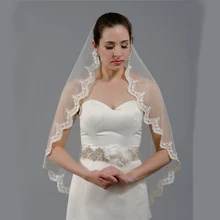 Короткие тюлевые Свадебные вуали с кружевной кромкой, длина кончика пальца, дешевая белая слоновая кость для новобрачных Фата невесты, свадебные аксессуары