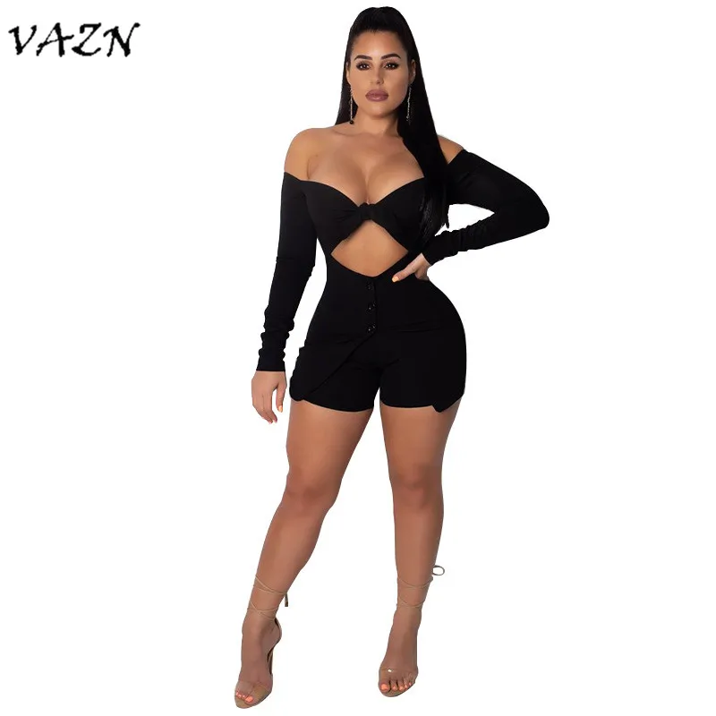 VAZN осень Горячая сексуальные Слэш шеи комбинезоны для женщин bodycon Твердые полный рукав Комбинезоны женские выдалбливают обтягивающие костюмы 2052