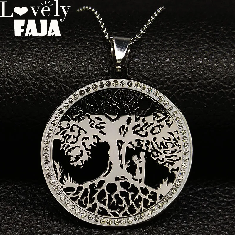 

Couple Tree of Life Crystal Stainless Steel Necklace Women Silver Color Statement Necklace Jewlery arbol de la vida N186718