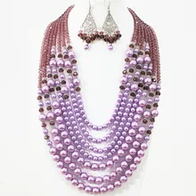 Romantic violet round shell simulated-pearl abacus crystal 7 rows necklace earrings set lovely women beauty jewelry B1310
