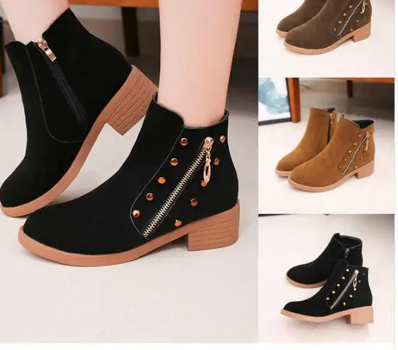 

Fashion Women Shoes Boots Casual Mid Heel Round-Toe Shoes Side Zipper Non-Slip Short.