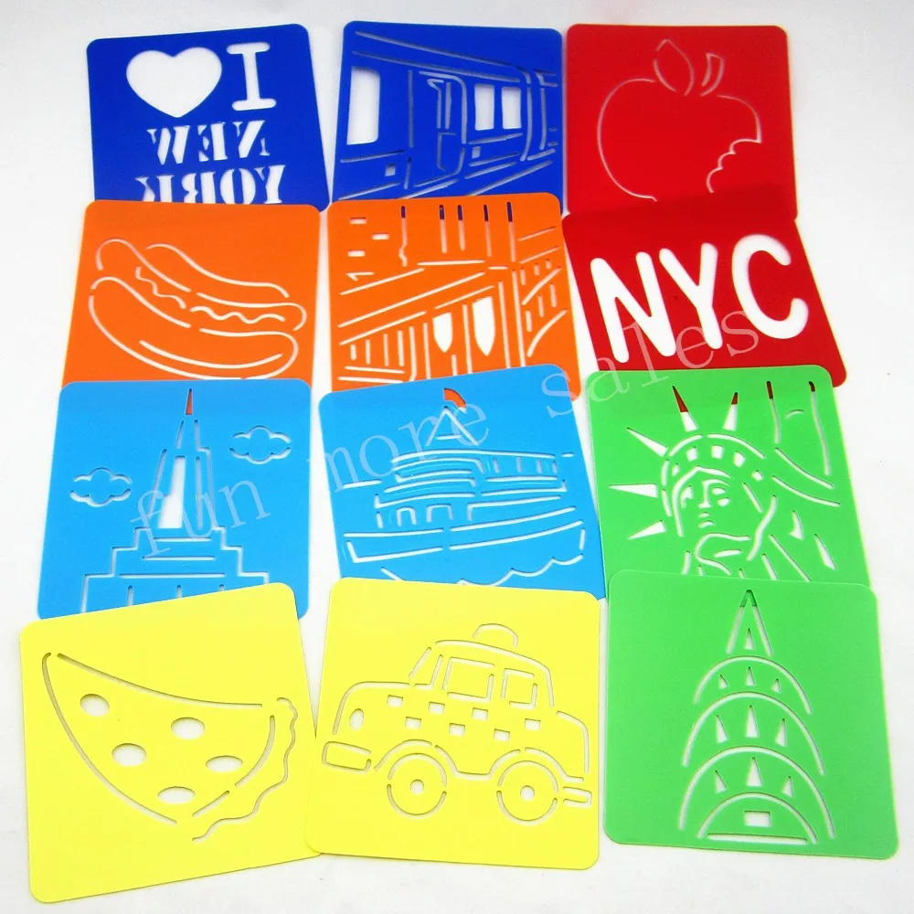 12 Дизайнов/набор ньюйоркские трафареты для краски Детские шаблоны для рисования пластиковые доски Детские горячие игрушки для детей 128x128x мм