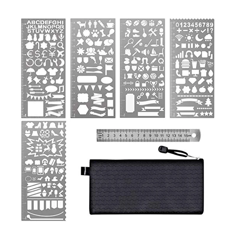 

6 Pcs Stainless Steel Journal Stencils with Template Ruler for Bullet Journal Planner Painting Drawing
