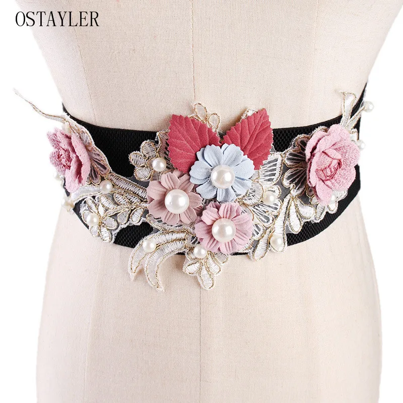 Handmade Lace Floral Applique Women Dress Belt Flower Pearl Elastic Waist Belt Ladies Dress Belt