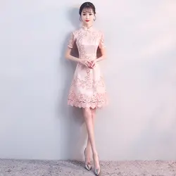 Лето 2019 г. кружево Китайский традиционный стиль cheongsam элегантный для женщин ручной работы и пуговицы платье воротник стойка сексуальное