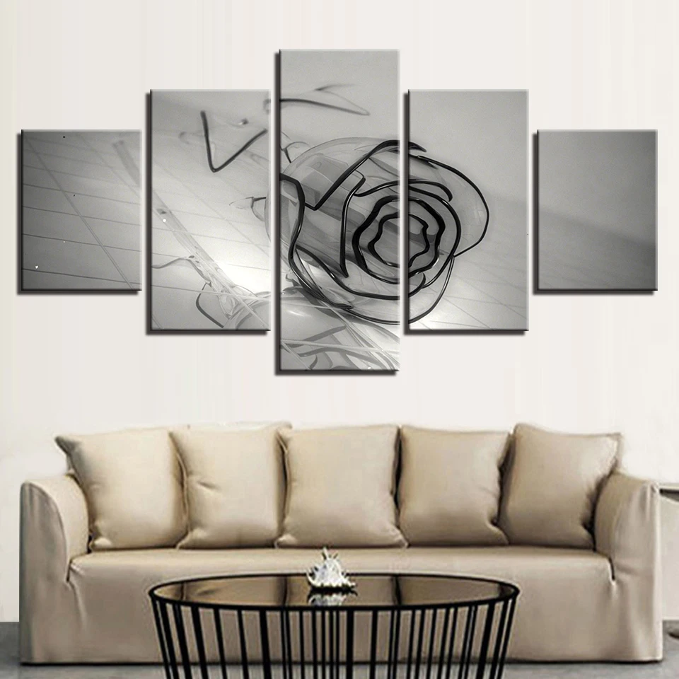 Modular Poster Wall Art Decor Canvas Paintings Home Framework Prints 5 Pieces Black And White Glass Rose Flower Pictures | Дом и сад