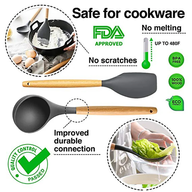 Food Grade Silicone Wood Handle Cooking Utensils Cookware Kitchen Cooking Tools Spatula And Ladle kitchen utensils