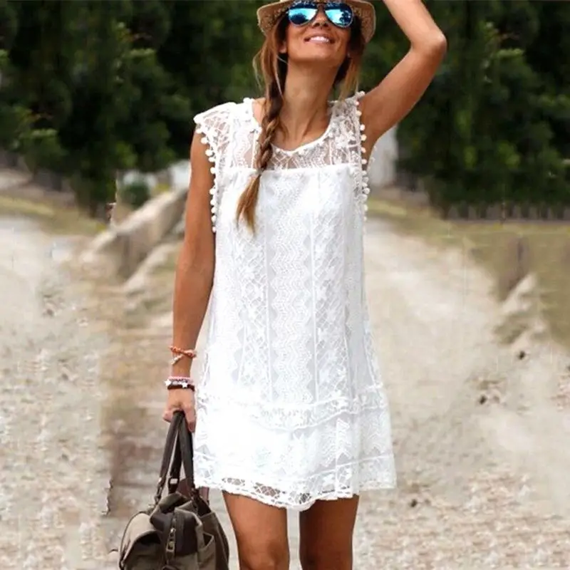 

Hot Summer Beach Dress Women Casual Sleeveless Dress Tassel vestidos Sexy Lace MIni Dress Solid White Plus Size XXL