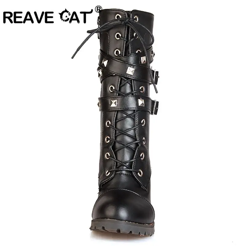 REAVE CAT/женские ботинки до середины икры кожаные высокие сапоги на высоком толстом каблуке, на платформе, с пряжкой, на молнии, с заклепками, на шнуровке женская обувь, размер 43, QA3646