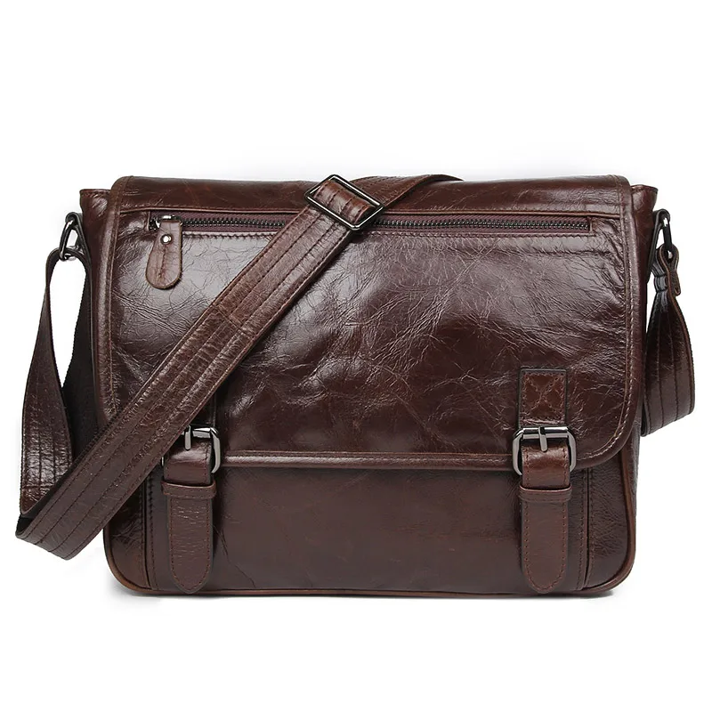 

13" Laptop Briefcase Shoulder Bags Cow Leather Men Brown Business Travel Vintage Casual Fashion Genuine Leather Crossbody Bag