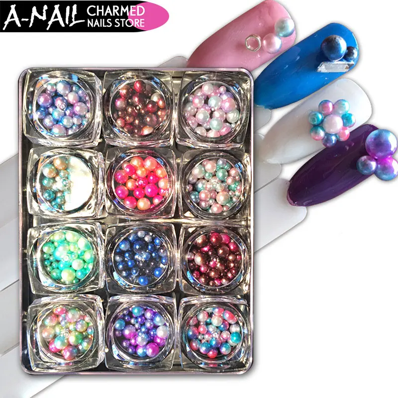 

12Jars/set Mix Size Magic Design Mermaid Pearl Beads Gradient Charming 3D Nails Tips Nail Art Decoration Manicure Tools