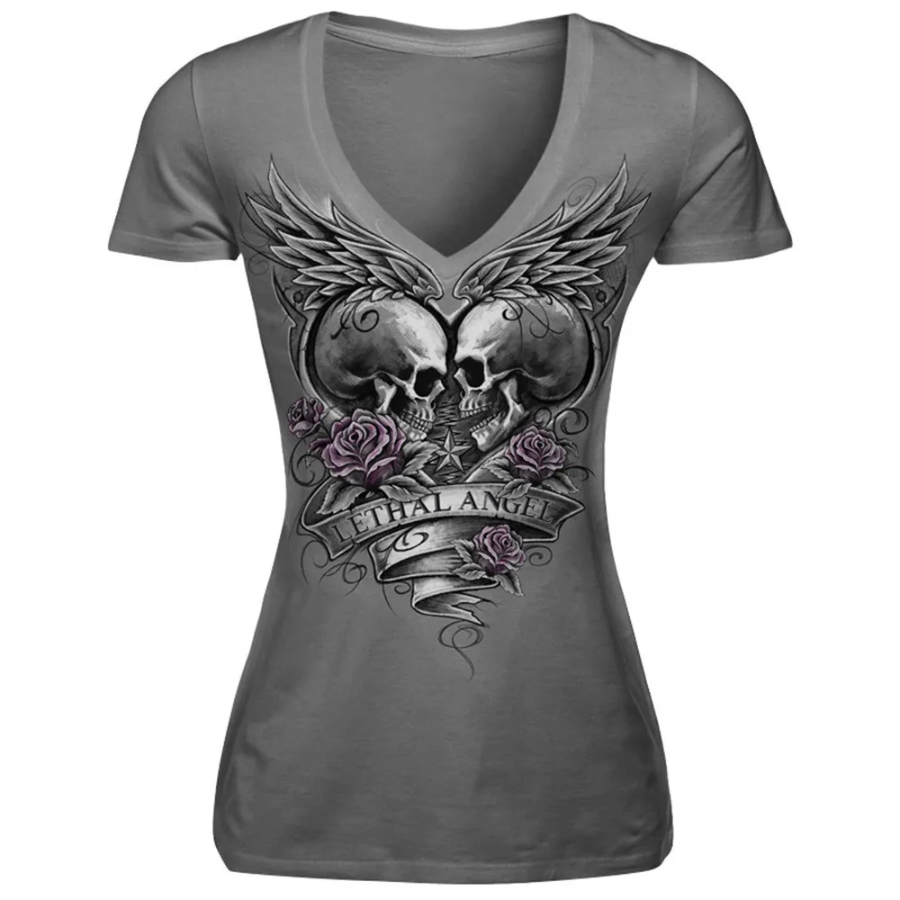 

Punk Style Summer T Shirt Women 2019 Skull Print Cotton Summer T Shirts Women Short Sleeve V Neck Tshirt Camiseta Feminina #T