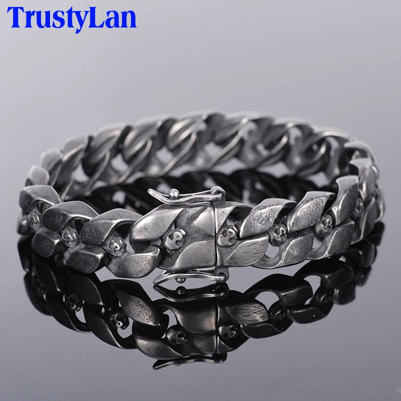 

TrustyLan Plating Black Stainless Steel Mens Bracelet Punk Rocker & Hippe's Skull Bracelet Armband Gothic Halloween Accessories