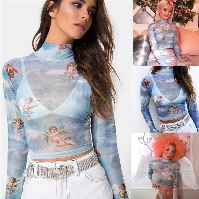 

Fashion Casual Slim Turtleneck Floral Print Women See-through Sheer Mesh Fishnet Crop Top Tee Tops Pullover Clothes