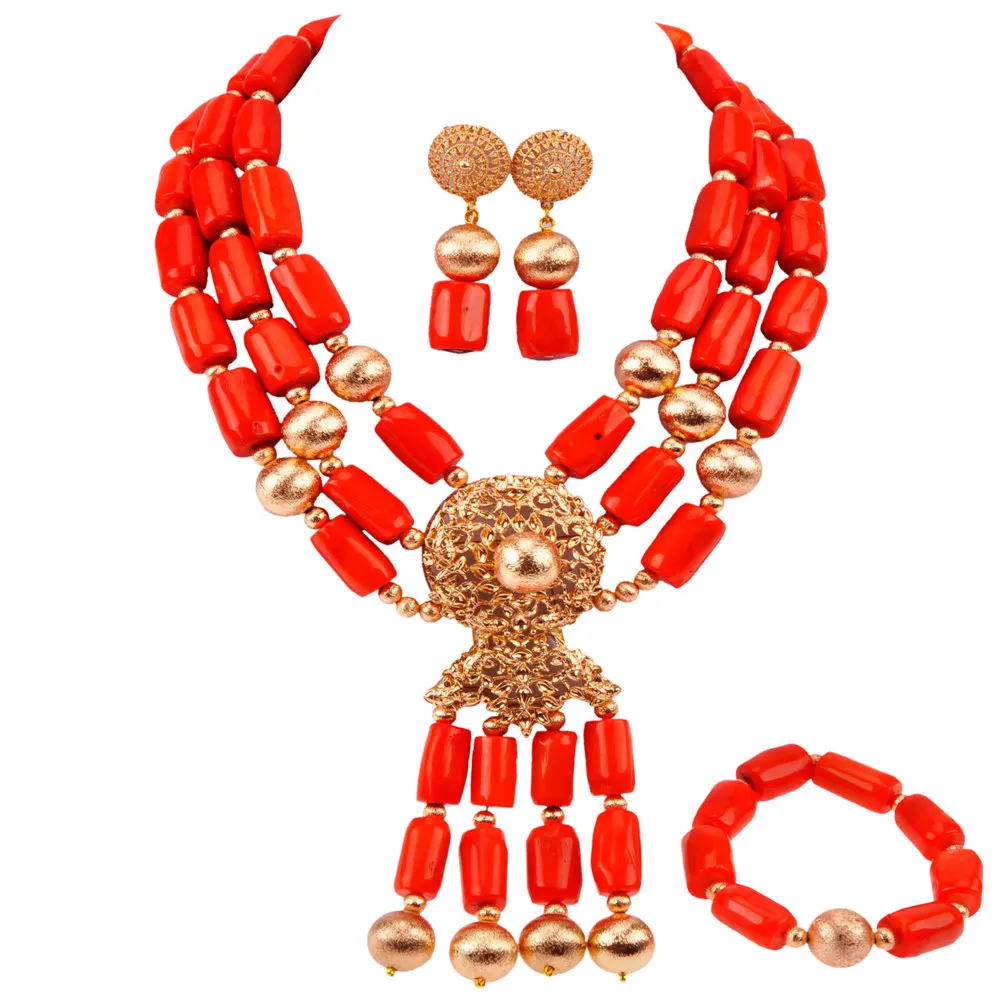 Fashion Nigerian Traditional Wedding Orange Coral Beads Necklace Set