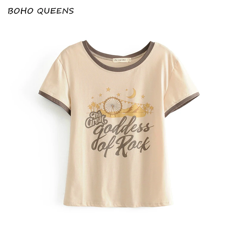 

Boho chic 2019 Women star and moon printed tops t-shirt ladies short sleeve patchwork color cotton couple t-shirts