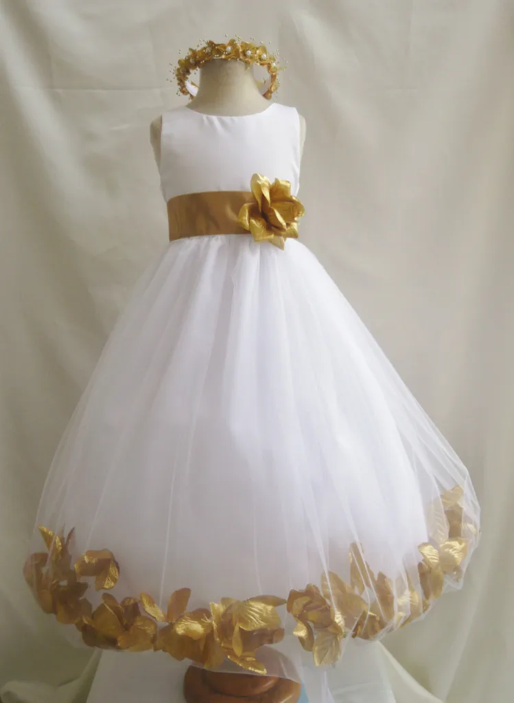 white flower girl dress with gold sash