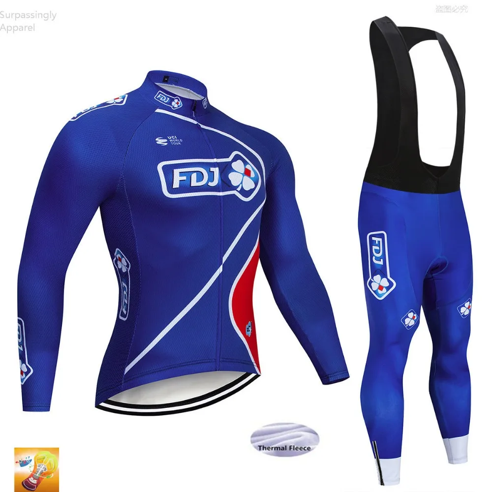 

2019 Winter FDJ Cycling Team Jersey Set 16D Gel Pad Bike Pants Suit MTB Ropa Ciclismo Thermal Fleece Bicycling Tops Culotte Wear