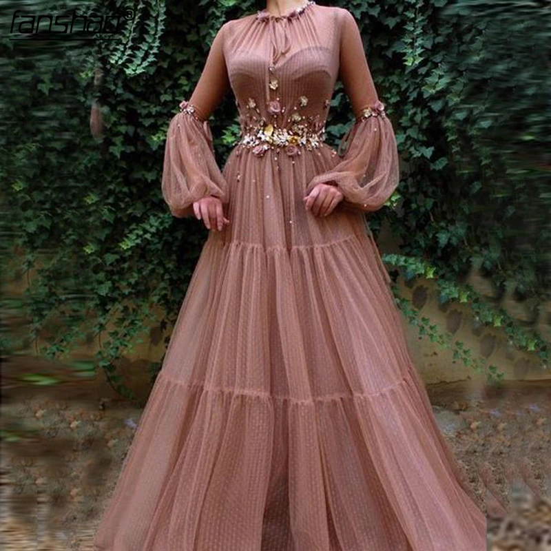 

2019 Muslim Lace Evening Dresses A Line Beads Flowers Long Sleeves Islamic Dubai Saudi Arabic Long Evening Gown Prom Dress-in Ev