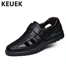 Klassiker Männer Sandalen Rindspaltleder Ausschnitte Breathable Kleid schuhe Klett Sommer Wohnungen Männlich Business Schuhe 1/4