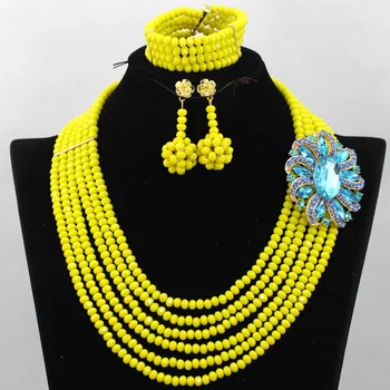 

Trendy Yellow African Costume Wedding Beads Jewelry Set Dubai Gold Celebration Bridal Party Jewelry Gift Set Free Shipping QW378