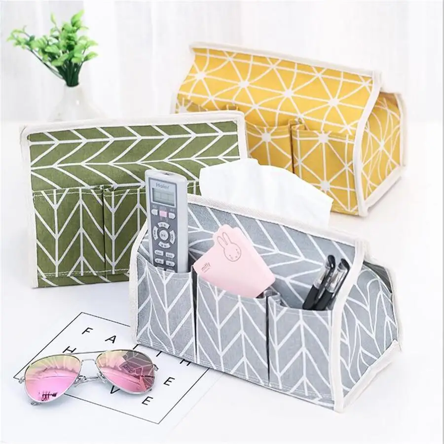 

Waterproof Cotton Linen Desktop Storage Organizer Box Tissue Cosmetic Container with 3 Pocket for Home Office Room and Hotel