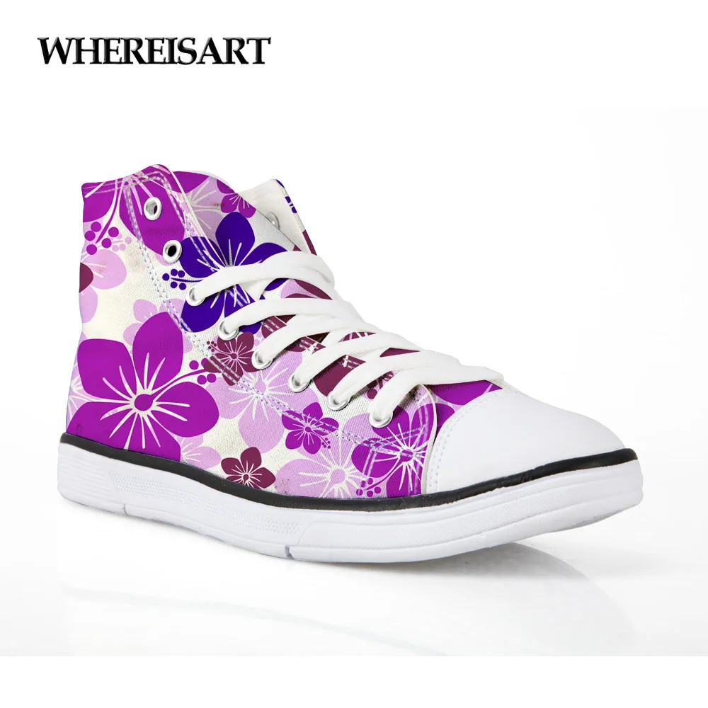

WHEREISART 2019 Spring Floral Print Shoes Woman Purple Canvas High Top Sneaker Girls Student Walking Outdoor Vulcanized Footwear