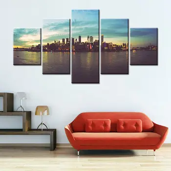 

The Coastal City Night Scene Romatic Landscape Picture Print Canvas 5 Panels Modular Wall Art for Modern Home Decor