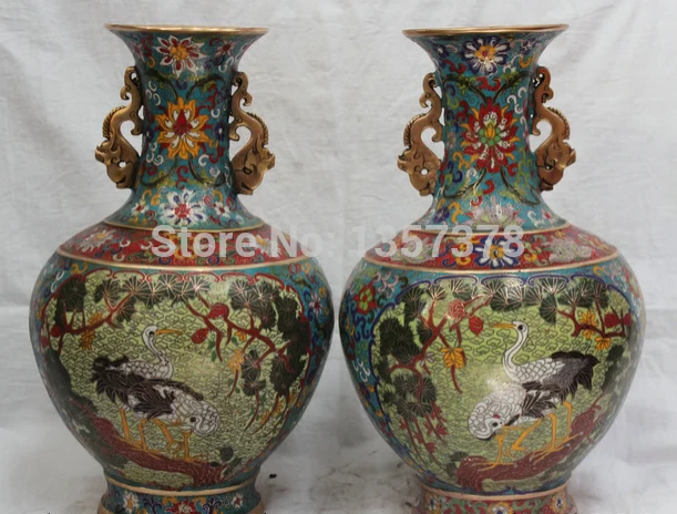 

shitou 001059 15" Marked Chinese Dynasty Palace Bronze Cloisonne Dragon Crane Vase Pot Pair discount 30% (C0324)