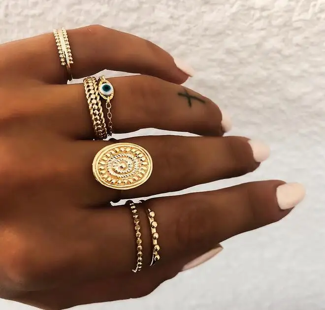 

6 pc/set Bohemian Gold Color Eye Flower Rings Set for Women Geometric Alloy Knuckle Midi Rings Boho Jewelry