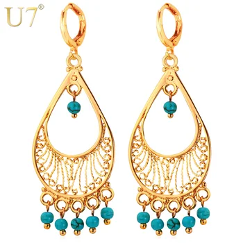 

U7 Vintage Tassel Earrings Gold/Silver Color Green Stone Drop Earrings Turkish Bohemian Jewelry For Women Gift Party E704